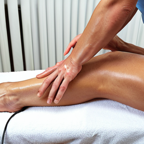 Home 6 **
A sports massage therapist working on the calf muscle of a runner. Focus on the therapist's hands using effleurage (поглаживание) technique to improve blood circulation. The runner should look relaxed and the setting should be a modern physiotherapy clinic with visible anatomical charts in the background. Add some Russian text labels like "Мышцы голени" (Calf Muscles) and "Улучшение кровообращения" (Improved Blood Circulation).
**