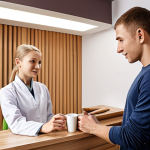 A professional and welcoming reception area of a modern sports massage clinic in Russia. A friendly, professional female therapist, dressed in clean, neat attire, offers a cup of herbal tea to a male client who looks relaxed and comfortable. The ambiance is clean, with soft, diffused lighting, subtle calming background elements, and an overall sense of tranquility and trust, embodying a perfect first impression.