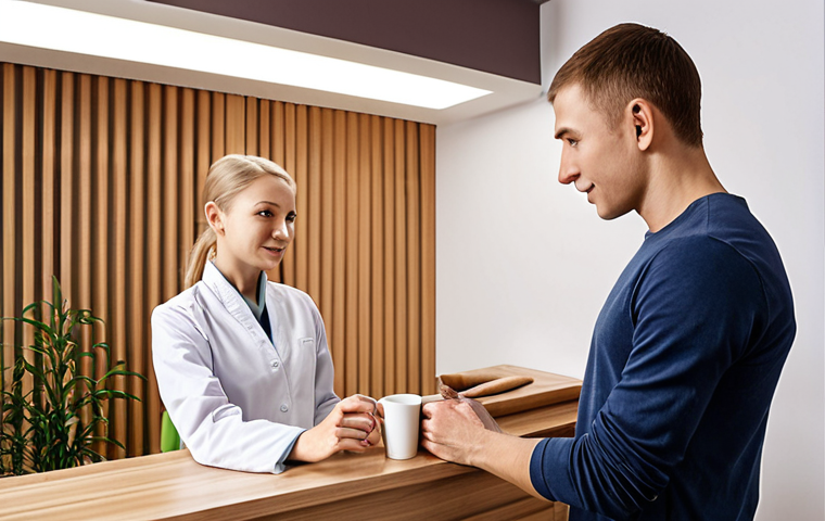 A professional and welcoming reception area of a modern sports massage clinic in Russia. A friendly, professional female therapist, dressed in clean, neat attire, offers a cup of herbal tea to a male client who looks relaxed and comfortable. The ambiance is clean, with soft, diffused lighting, subtle calming background elements, and an overall sense of tranquility and trust, embodying a perfect first impression.