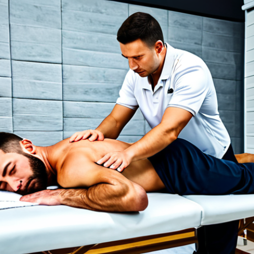 Home 26 **
"A fully clothed, professional-looking male sports massage therapist giving a massage to a fully clothed male athlete in a well-equipped massage room in Moscow. The athlete is lying face down on a massage table, and the therapist is using deep tissue techniques on his back. Appropriate attire, safe for work, perfect anatomy, correct proportions, natural pose, well-lit environment, professional, high quality."
**
