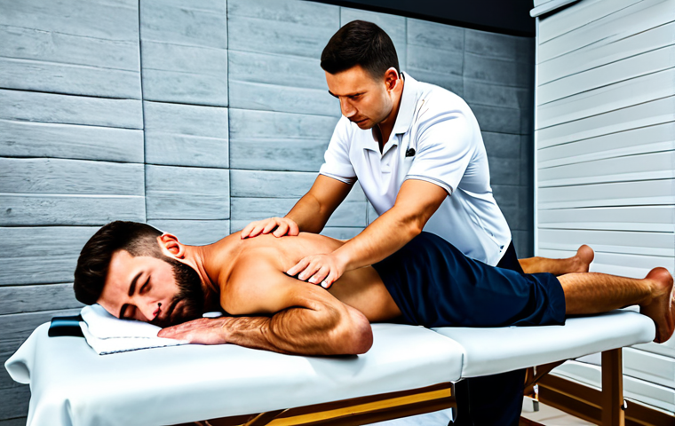 **
"A fully clothed, professional-looking male sports massage therapist giving a massage to a fully clothed male athlete in a well-equipped massage room in Moscow. The athlete is lying face down on a massage table, and the therapist is using deep tissue techniques on his back. Appropriate attire, safe for work, perfect anatomy, correct proportions, natural pose, well-lit environment, professional, high quality."
**