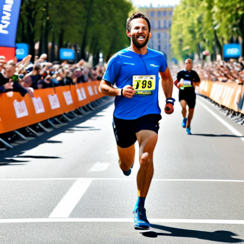 Home 25 **
"A professional male athlete, a runner, fully clothed in sportswear (running shorts and a tech t-shirt), crossing the finish line of a marathon, determined expression, appropriate attire, crowd cheering in the background, bright daylight, safe for work, perfect anatomy, correct proportions, natural pose, professional sports photography, high quality, family-friendly, modest."
**