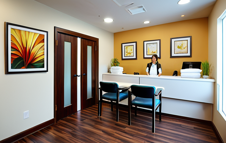 Welcoming Massage Studio**
"A brightly lit, clean massage studio reception area with a friendly administrator at the desk, fully clothed in professional attire. Comfortable seating is visible. Soft, ambient lighting. Appropriate content, safe for work, professional environment, natural colors, perfect anatomy."
**