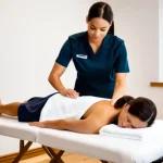 스포츠마사지사와 관련된 법적 이슈 - "A highly skilled and professional female massage therapist, wearing a neat clinic uniform, performs...