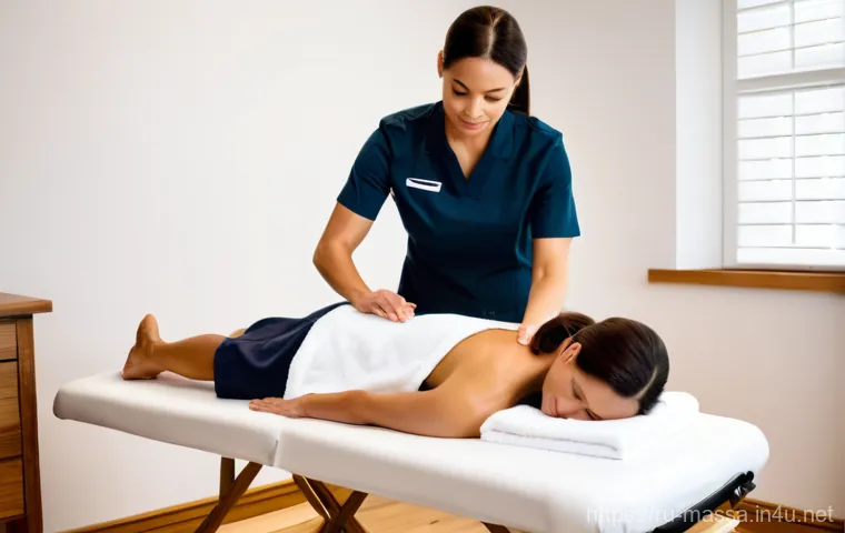 스포츠마사지사와 관련된 법적 이슈 - "A highly skilled and professional female massage therapist, wearing a neat clinic uniform, performs...