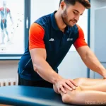 스포츠마사지사 실무 교육 사례 - **Prompt:** A detailed image of a young, diligent male student masseur, mid-twenties, practicing spo...