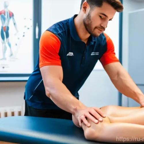 스포츠마사지사 실무 교육 사례 - **Prompt:** A detailed image of a young, diligent male student masseur, mid-twenties, practicing spo...