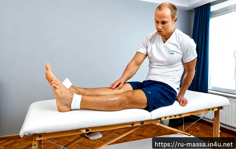 Home 17 스포츠마사지사와 통증 관리 - Photorealistic sports massage therapy session in a modern Russian rehabilitation clinic, professiona...