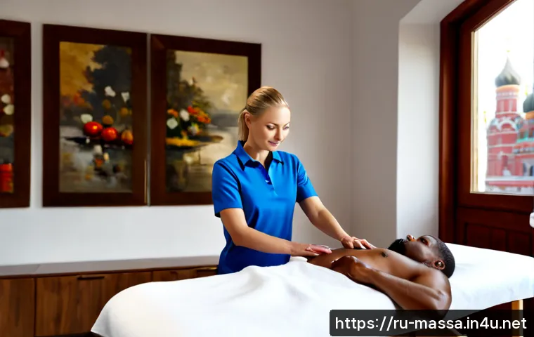 Home 13 스포츠마사지사 마케팅 전략 - Photorealistic sports massage therapist in a clean modern Moscow wellness studio, wearing a plain pr...